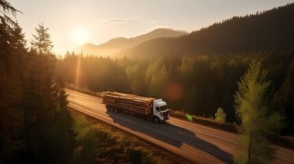 Logging Industrial, cargo truck trailer with big timber wood carrier pine on road forest sunset background. Aerial top view