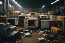 Electronic Waste Waiting For Disposal, Refrigerator Washing Machine Abandoned Broken Computer, Environmental Concept