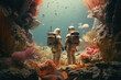 zwei Astronauten in einer Unterwasserwelt voll schöner Farben und Pflanzen, two astronauts in underwater world full of beautiful colors and plants
