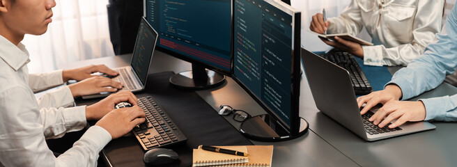 Wall Mural - software development team working together in office, coding script display on computer monitor. pro