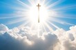 © Chamindu - cross in the sky, Christian cross appears bright in the sky background A transparent Cross gives out heavenly light in the sky. | AI-GENERATED