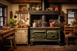 An old-fashioned wood stove sits in a farmhouse kitchen, often used for both cooking and heating the space
