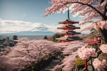 Mt Fuji And Cherry Blossom At Kawaguchiko Lake In Japan.