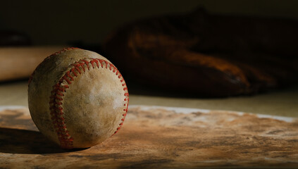 Wall Mural - Old vintage style baseball background with dirty worn equipment by copy space for sport.