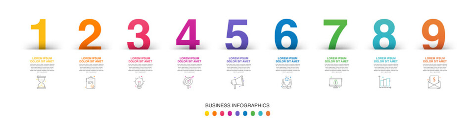 Modern vector flat illustration. Line infographic numbers template with nine elements, icons. Timeline designed for business, presentations, web design, interface, diagrams with 9 steps
