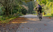 Jesienne liście leżące na wybrukowanej alejce parkowej. Rowerzysta w parku pokolorowanym barwami z palety Polskiej Złotej Jesieni . Pogodny dzień jesienny - relaks w parku miejskim.