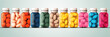Multi-colored probiotic tablets in glass bottles, taking care of your health and intestinal microflora, biological supplements, illustration