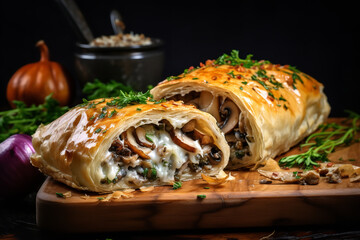 A savory mushroom and cheese strudel is presented on a rustic wooden platter, ready for serving