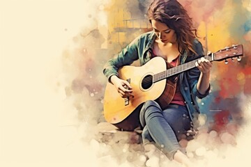 Close-up women playing acoustic guitar on walking street on watercolor illustration painting background, Generative AI