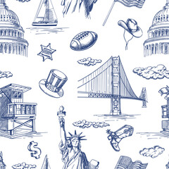 Wall Mural - USA landmarks seamless pattern. Vector hand drawn sketch illustration. United States of America national symbols