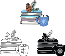 Canvas Print - Stacked Winter Books with a Pinecone Clipart - Outline, Silhouette & Color