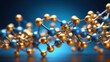 An abstract representation of molecules or buckyballs. SHallow depth of field. Interconnected structure. Blue and gold. Microscope view.