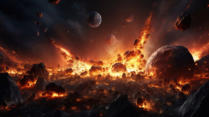 Wall Mural - asteroid impact, end of world, judgment day, group of burning exploding. generative ai