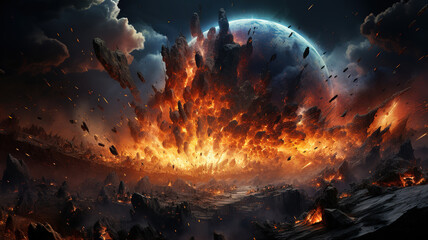Wall Mural - space background with volcanic planet. generative ai
