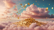 Pile Of Golden Coins On The Colorful Clouds And Blue Sky, Business And Finance Concept. Ai Generative