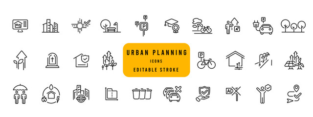 City development line icons. Urban planning, smart city infrastructure.  Editable stroke icon