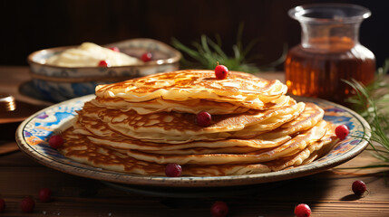 Wall Mural - Traditional Ukrainian or Russian pancakes, Shrovetide Maslenitsa. Generative Ai