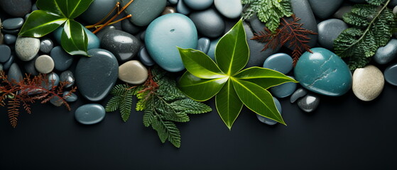 Poster - cobblestone and leaves on table background