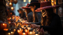 Day Of The Dead & Halloween Display - Sugar Skulls Vs Jack-o'-Lanterns In Boutique Window, Girls And Boys Lighting Skull Lanterns, AI-Generated 8K
