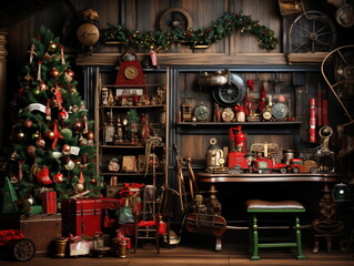 Poster - interior christmas. magic glowing tree, fireplace and gifts