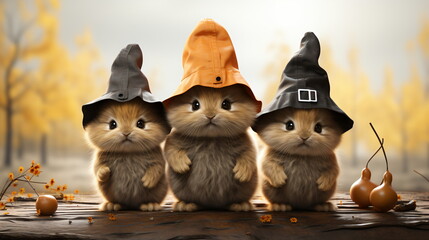 Canvas Print - Cute fluffy brown hair rabbit wear witch hat