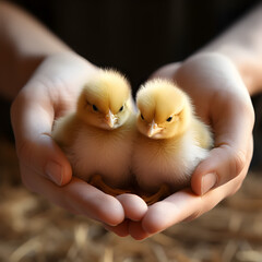 Open hands holding two baby chicks. A concept of farm animals and new life. Generative ai. 