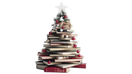 A modern christmas tree-shaped decoration made from stacks of books isolated on transparent background. 