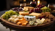 various types of cheese in wooden box on white wooden table, top view