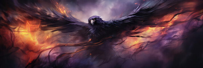 Wall Mural - Raven in the dark with smoke and fire