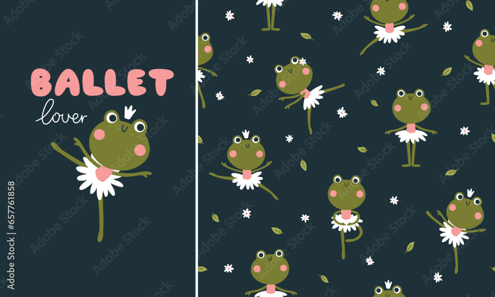 Ballerina frogs set seamless pattern and print. Vector illustration of ...