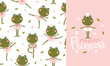 Ballerina frogs set seamless pattern and print. Vector illustration of cute characters in ballet tutus in different poses dancing ballet. The hand-drawn cartoon, perfect for baby textiles and clothes.
