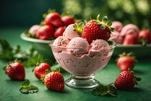 Freshly Picked Strawberries Ice Cream On Green Outdoor Background. Generative Ai.