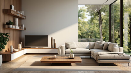 Canvas Print - Interior of living room with green houseplants and sofas