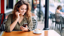 Jeune Femme Souriante En Train De Consulter Son Smartphone à La Terrasse D'un Café En Attendant Son Rendez-vous Amoureux
