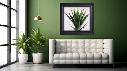 Poster - Elegant white sofa and green wall, generated by AI