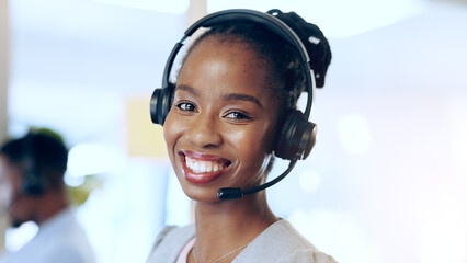 Canvas Print - Portrait, call center and happy black woman in telemarketing, support and help desk in office. Customer service, sales agent and face of African consultant, business professional and smile in Nigeria