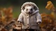 Hedgehog in warm knitted sweater in forest. Generative AI