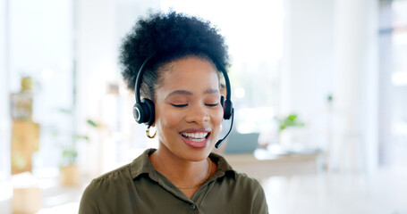 Canvas Print - Black woman at callcenter, phone call and CRM with contact us and customer service job. Telemarketing, help desk and advice with receptionist or consultant in conversation, telecom and communication