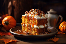 Delicious pumpkin cake with creamy filling walnuts and honey syrup on wooden table in rustic kitchen interior. Homemade pastry concept