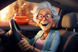 surprised elderly woman drives a car and smiles,the concept of active old age,cartoon illustration