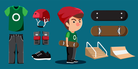 Wall Mural - Skateboard athletics player cartoon and equipment set such as skateboard, suefboard, helmet, shoes, slope, rink.