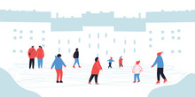 Happy People Ride An Ice Rink During The Winter Season. Vector Cartoon Modern Flat Illustration. Man, Woman And Kids Ice Skating On Indoor Ice Rink. Scandinavian Design. Big Horizontal Banner.