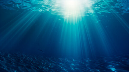 Wall Mural - underwater scene in the blue sea, colorful rays