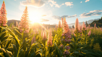 Wall Mural - colorful sunset over the valley of the lupins