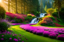 A Magical Beautiful Background With Many Flowers In Eden, A Paradise Land With Beautiful Gardens, Waterfalls And Flowers