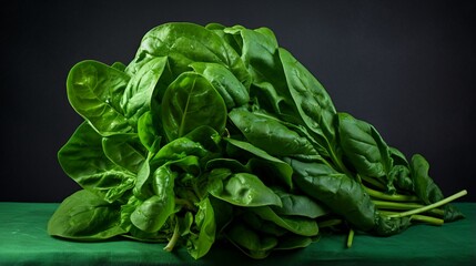 Wall Mural - healthy Spinach on isolated Dark Green, copy space