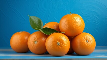 Wall Mural - Juicy oranges set against a cool and calming blue background, creating a vibrant and refreshing contrast