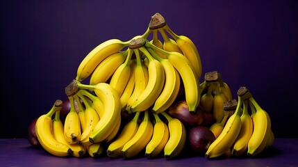 Wall Mural - Yellow bananas arranged against a deep purple background, offering a dynamic and energetic contrast