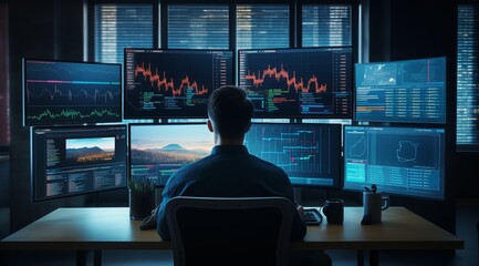 stock and forex trader concept. man in front of computer multiple screens. business process automation computer monitor from analytics data graph.