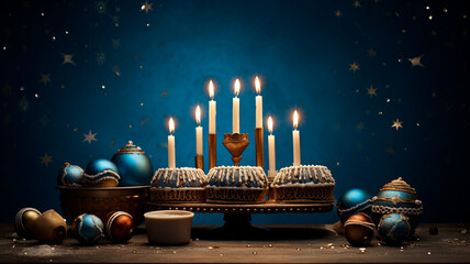 Wall Mural - christmas card with burning candles and christmas decorations on black background